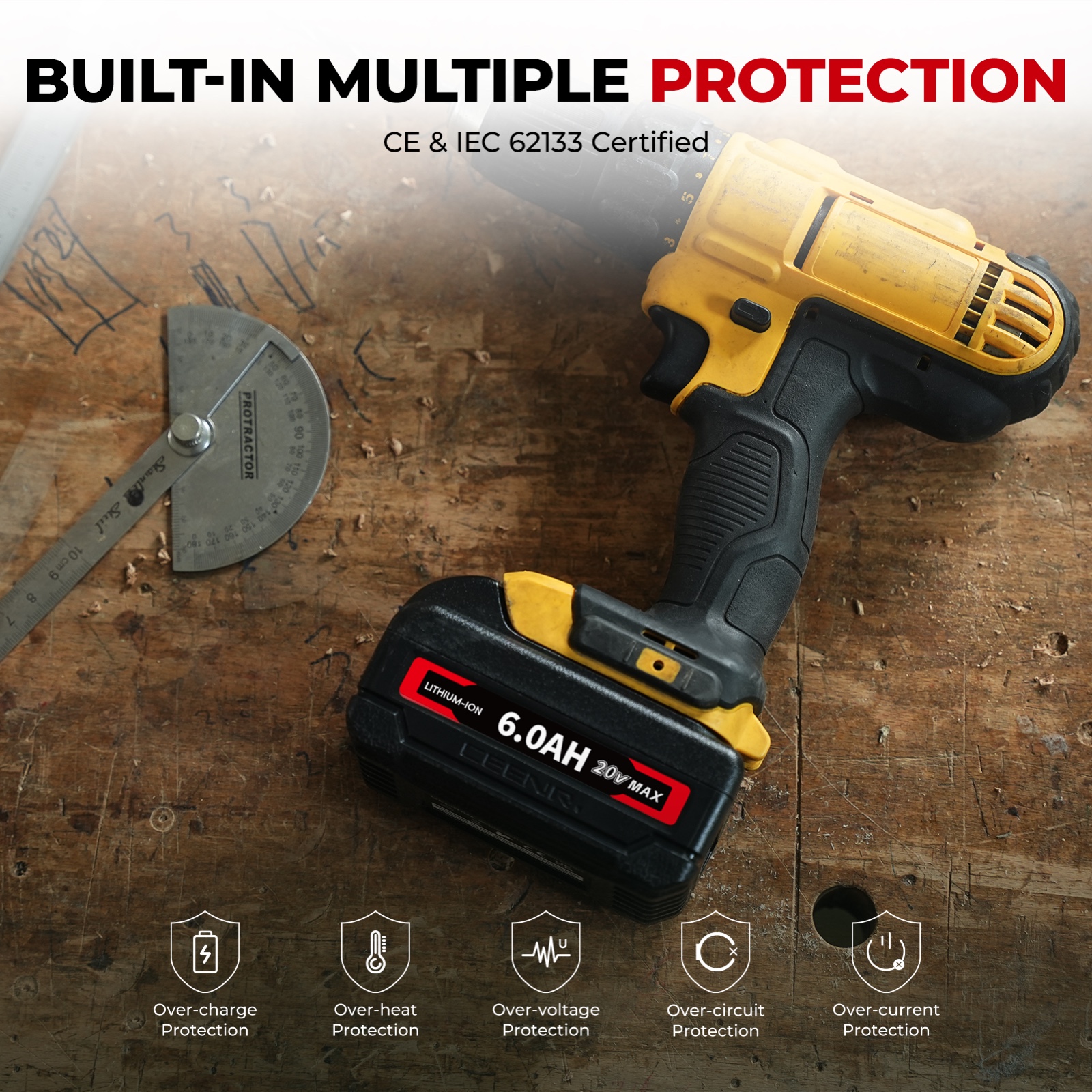 CEENR 6.0Ah Battery (with LG HG2 Cells) for DeWalt 20V Max | Replacement Model DCB200